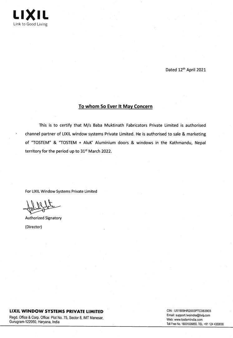 LIXIL / Tostem certificate